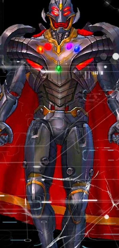 A powerful robot in a red cape on a mobile wallpaper.