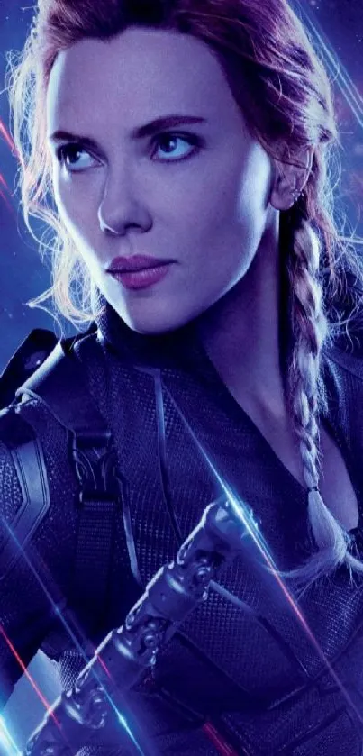 Female hero in purple sci-fi action pose, dynamic mobile wallpaper.