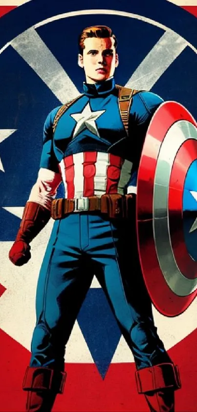 Superhero with shield in vibrant red, white, and blue design.