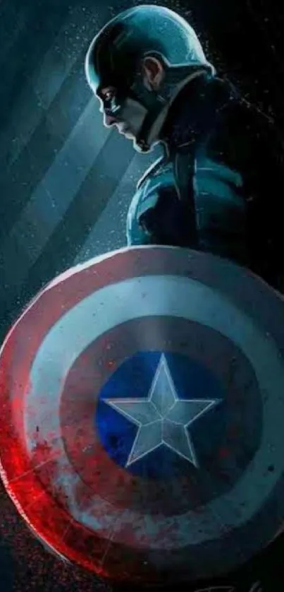 Superhero with iconic shield in dark themed wallpaper.