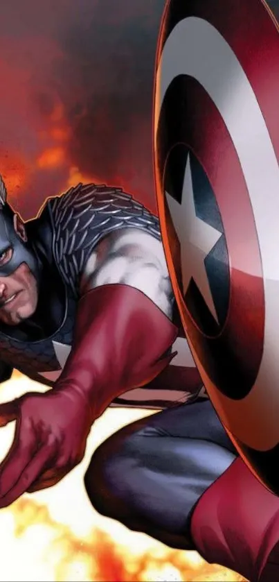Superhero holding a shield with a star, leaping through fire in action-packed scene.