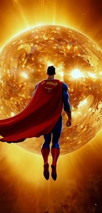 Superhero flying towards fiery celestial body in dynamic pose.