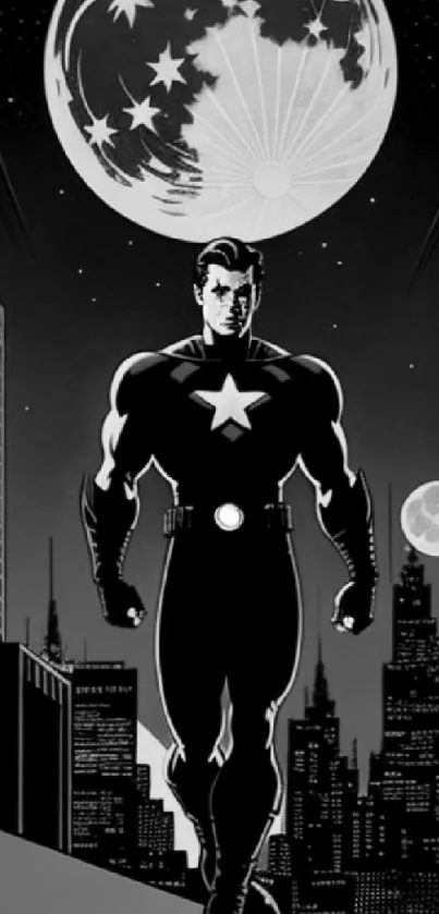 Black and white superhero under city moonlight.