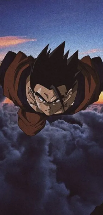 Anime character flying over dark clouds at sunset.