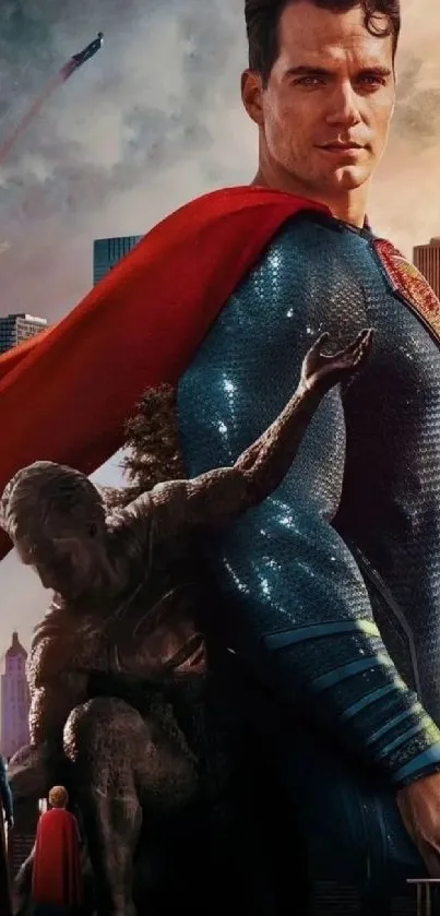 Superhero posing with cape against city skyline backdrop.