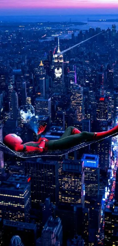 Superhero in a relaxed pose above a night city skyline.