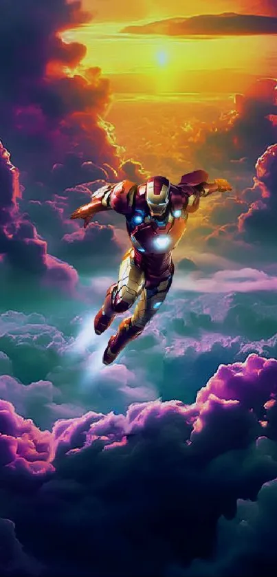 Superhero flying through a colorful cloudy sky at sunset.