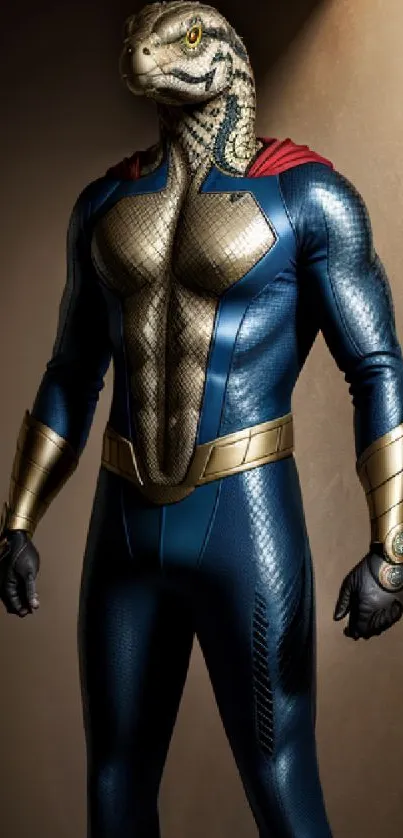 Heroic snake-headed superhero in blue and gold suit wallpaper.