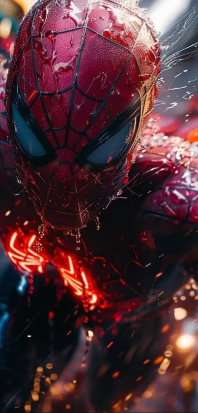 Spider-Man in action with detailed suit and urban backdrop.