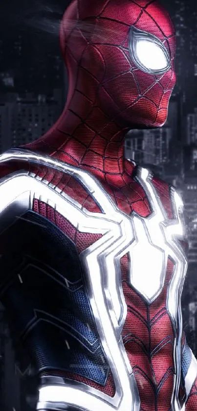 Spider-Man in red suit with glowing details on a city backdrop wallpaper.