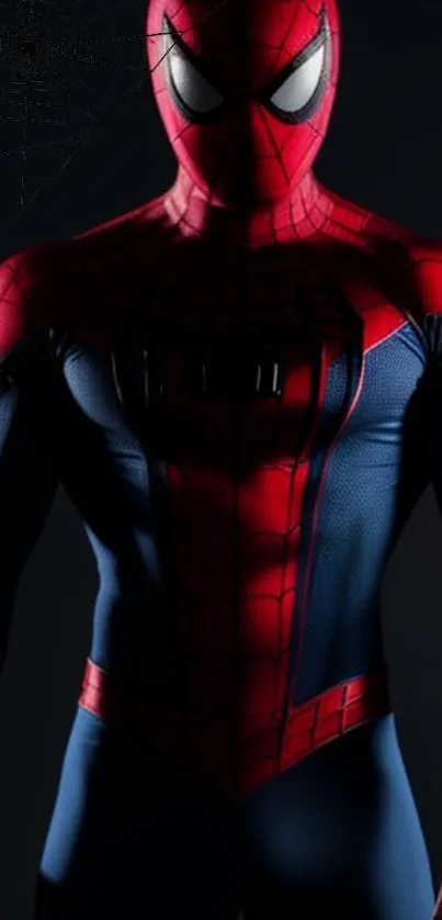 Superhero in red and blue suit with web design.