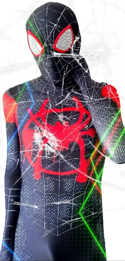 Spider-themed wallpaper featuring a superhero suit with black and red colors.