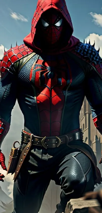 Masked superhero in a red and blue suit in city setting.