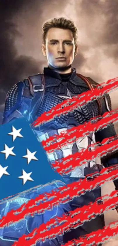 Superhero wallpaper with stars and stripes on a dramatic backdrop.