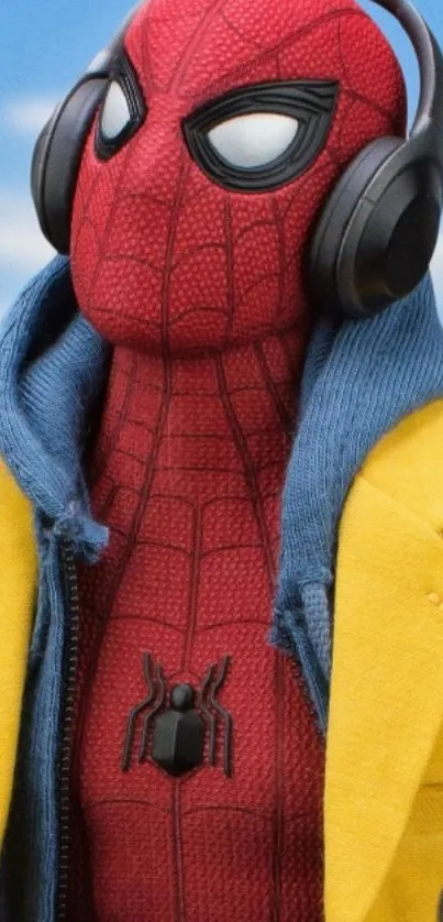 Red-suited superhero with headphones in a blue and yellow outfit.