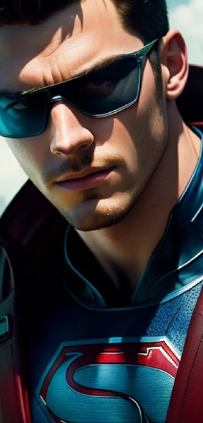 Heroic superhero in sunglasses with red suit design.