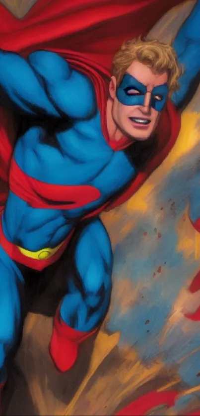 Superhero in blue suit with red cape boldly flying through a colorful backdrop.