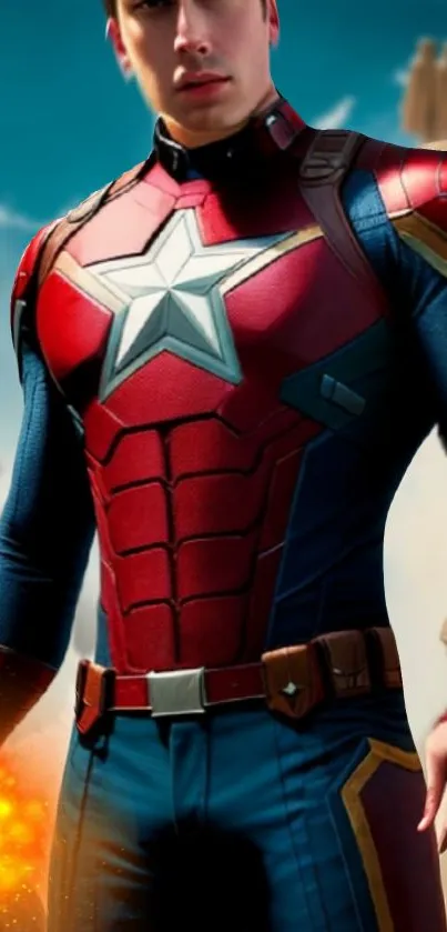 Superhero in red and blue costume with star emblem.