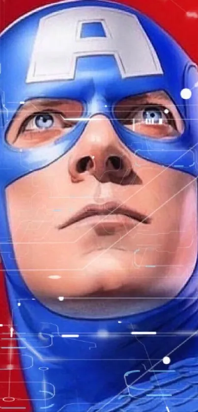 Superhero in blue helmet with red background.