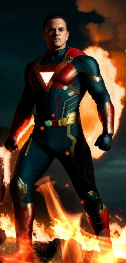 Superhero stands heroically amidst fiery background on mobile wallpaper.