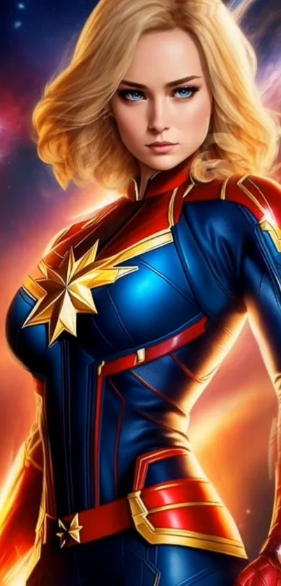 Powerful superhero female with cosmic background on mobile wallpaper.