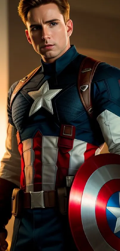 Superhero in navy costume holding a shield on a phone wallpaper.