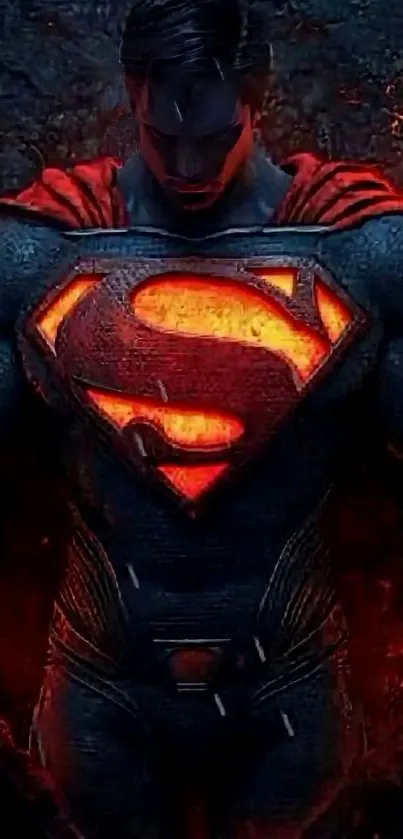 Superhero in iconic pose with glowing emblem on dark background.