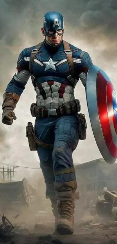 Superhero in iconic action pose with shield on a dramatic background.