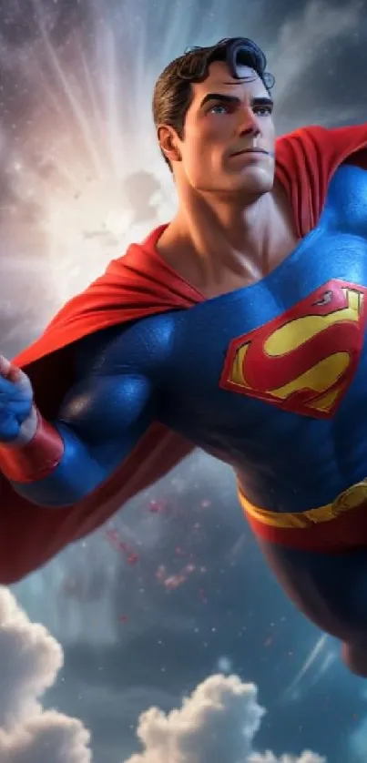 Superman in digital art soaring through bright sky.