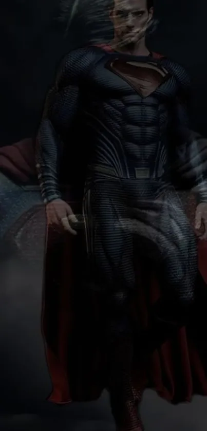 Superman in a dark, dramatic pose with a flowing cape.