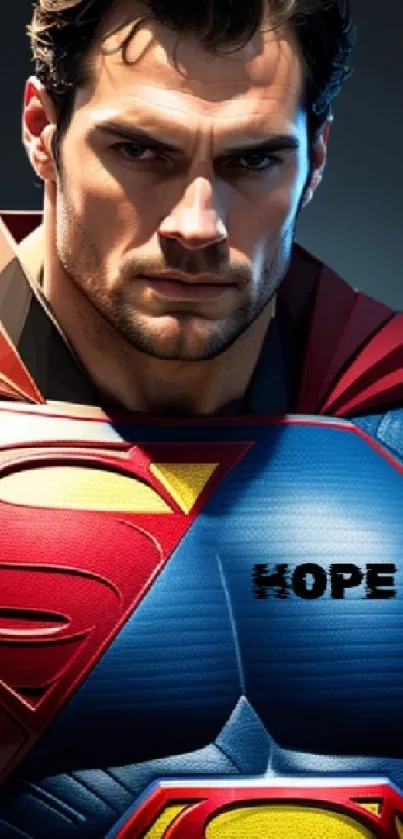 Superman inspired wallpaper with hope symbol on blue suit.