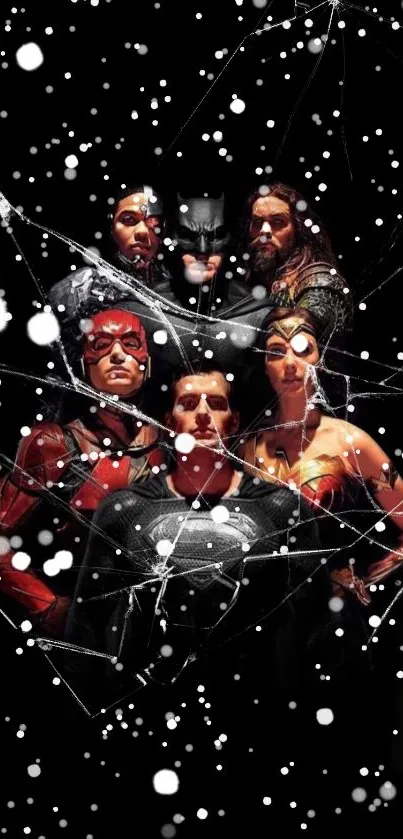 Heroic team on shattered black background with snow effect.