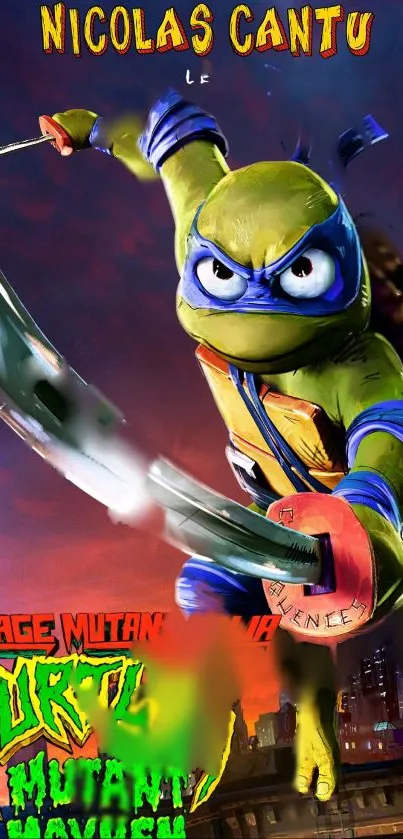 Teenage Mutant Ninja Turtle in action pose with city backdrop.