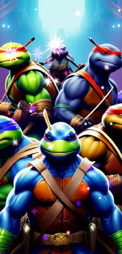 Vibrant turtle heroes group in action pose.