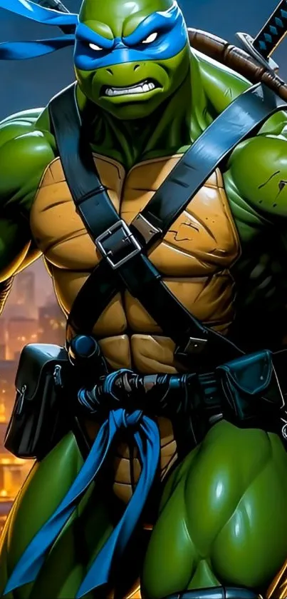 Green ninja turtle with blue mask in action pose.