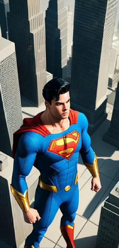 Superhero in blue suit stands above city skyline, red cape flowing.