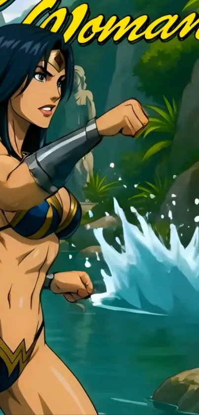 Animated warrior at a waterfall in battle stance.