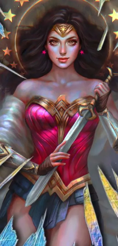 Vibrant fantasy art of a powerful female warrior holding a sword.