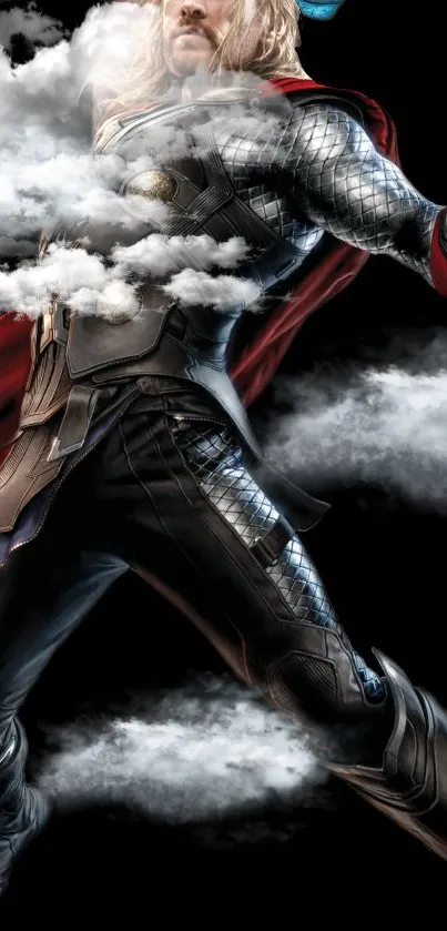 Heroic warrior wearing metallic armor with a red cape amidst clouds.