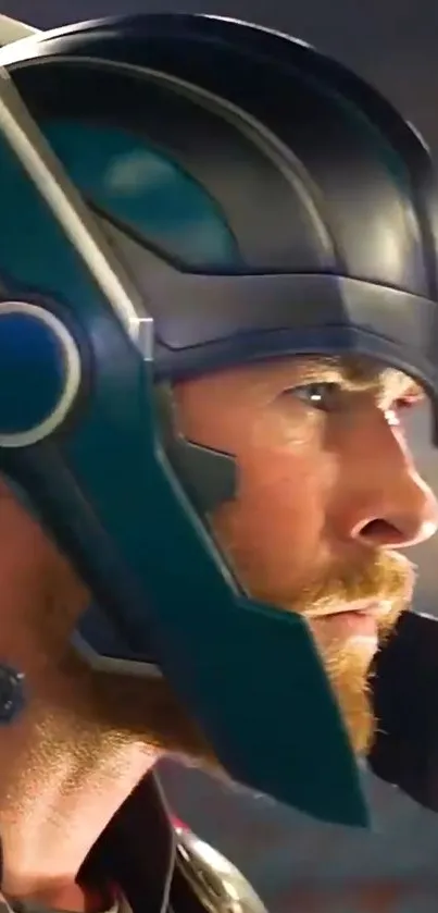 Heroic warrior wearing a helmet in a striking close-up shot.