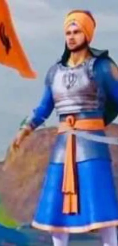 Colorful historic warrior standing with an orange flag.