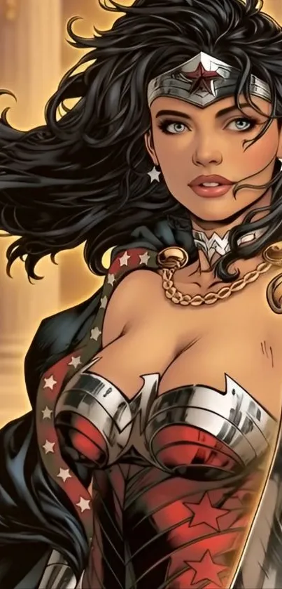 Comic-style superheroine in armor, powerful pose.