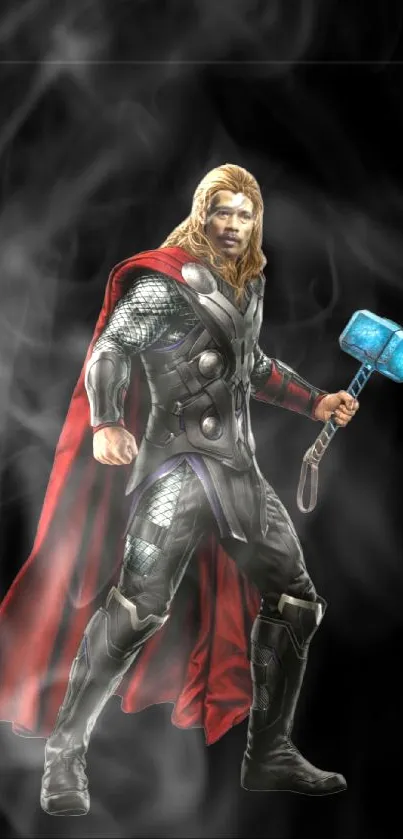 Heroic warrior with red cape and armor, holding a blue hammer.