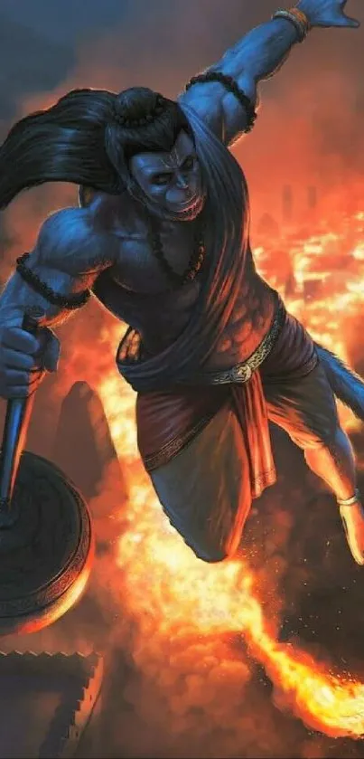 Heroic warrior leaping amidst flames with vibrant orange glow.