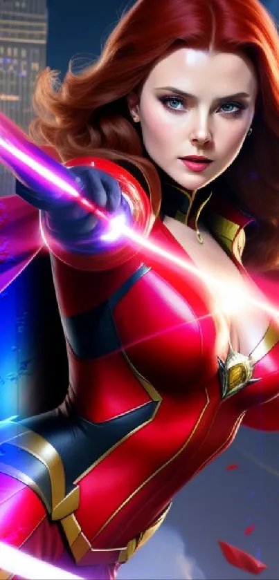 Heroic woman in red armor dynamic wallpaper.