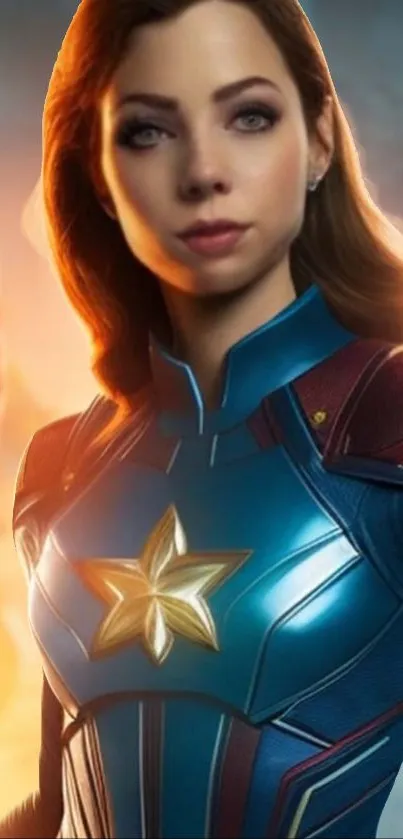 Heroic woman in blue armor with star emblem on chest.