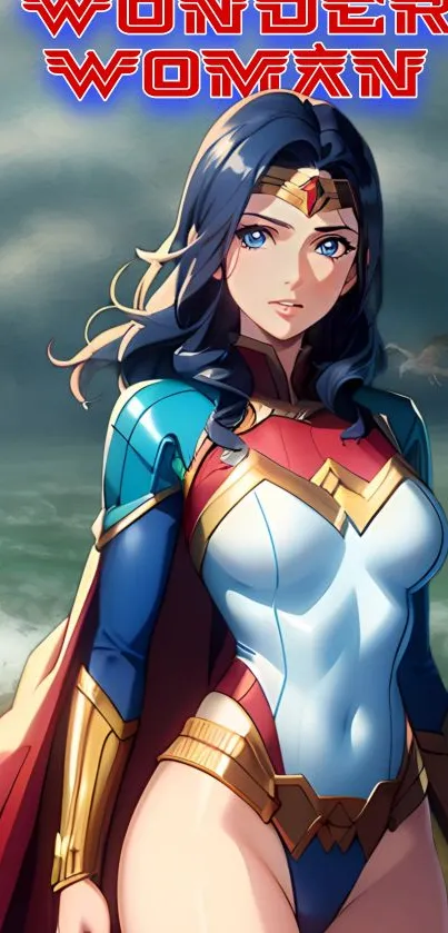 Anime-style Wonder Woman wallpaper with vibrant colors and heroic pose.