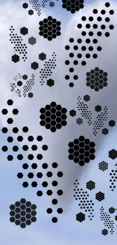 Stylish wallpaper with black hexagons on a cloudy sky background.