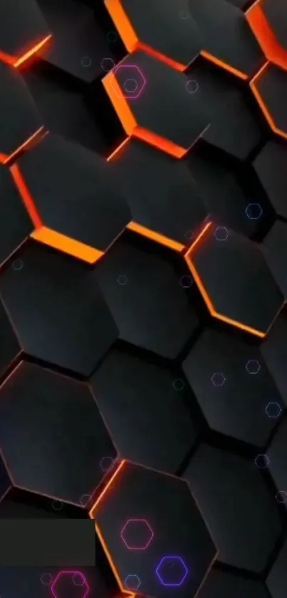 3D hexagon glow wallpaper with orange and blue accents.