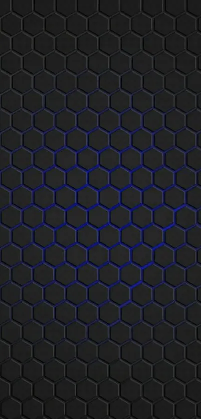 Black hexagon pattern wallpaper with blue accents for phones.